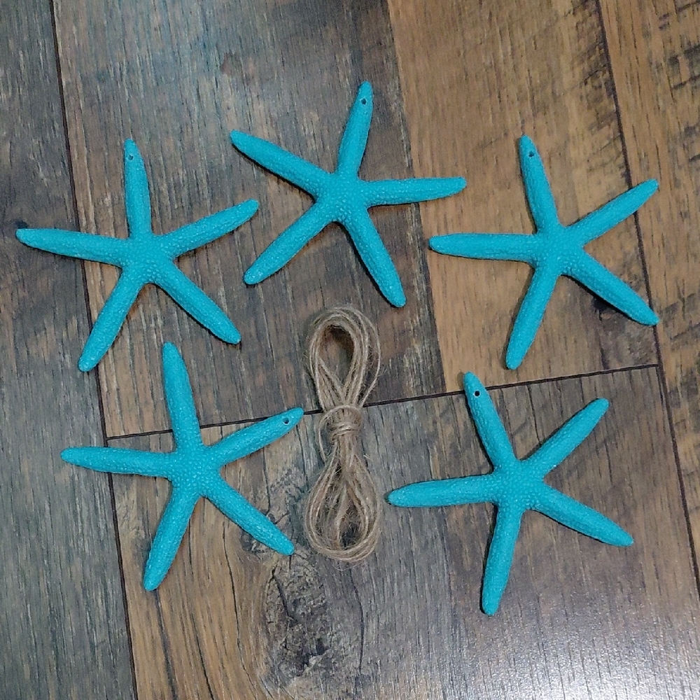 Turquoise Starfish Beach Decor/Garland Set - 5 Decorative Starfish w/ Twine
